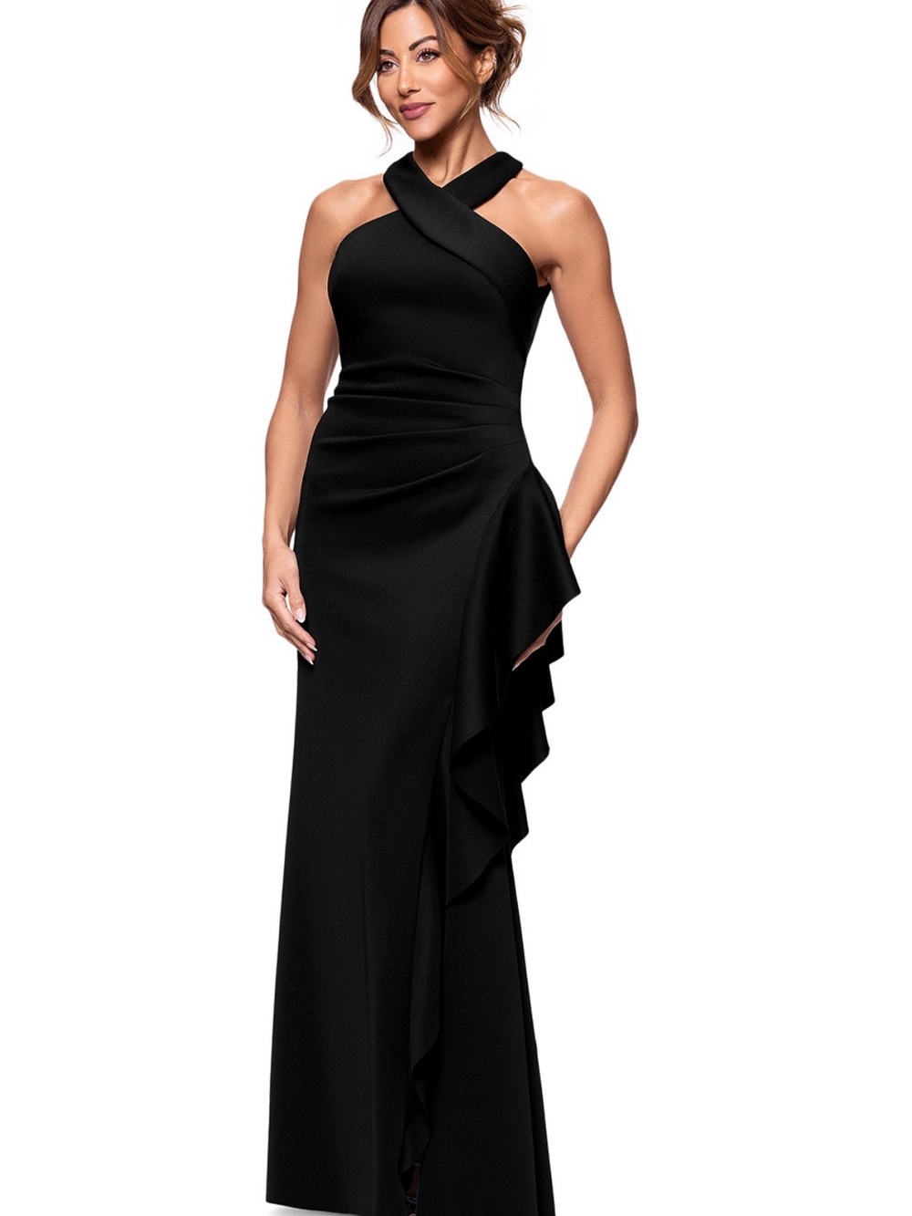 Xscape Black One-Shoulder Ruffle Gown